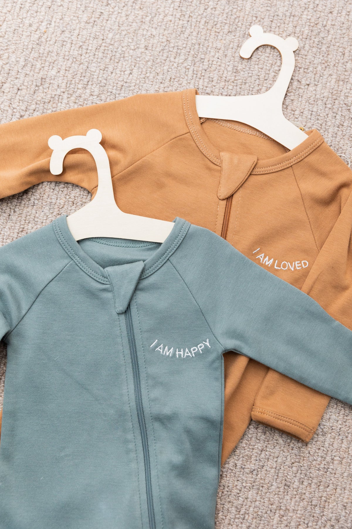 100% Organic Cotton Baby onesie with I AM HAPPY Affirmation Embroidery