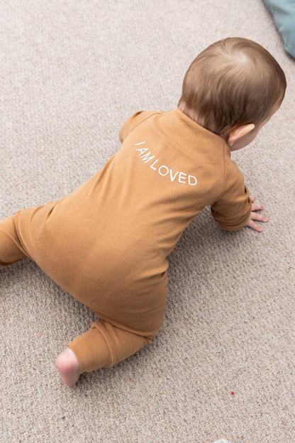 100% Organic Cotton Baby onesie with I AM LOVED Affirmation Embroidery