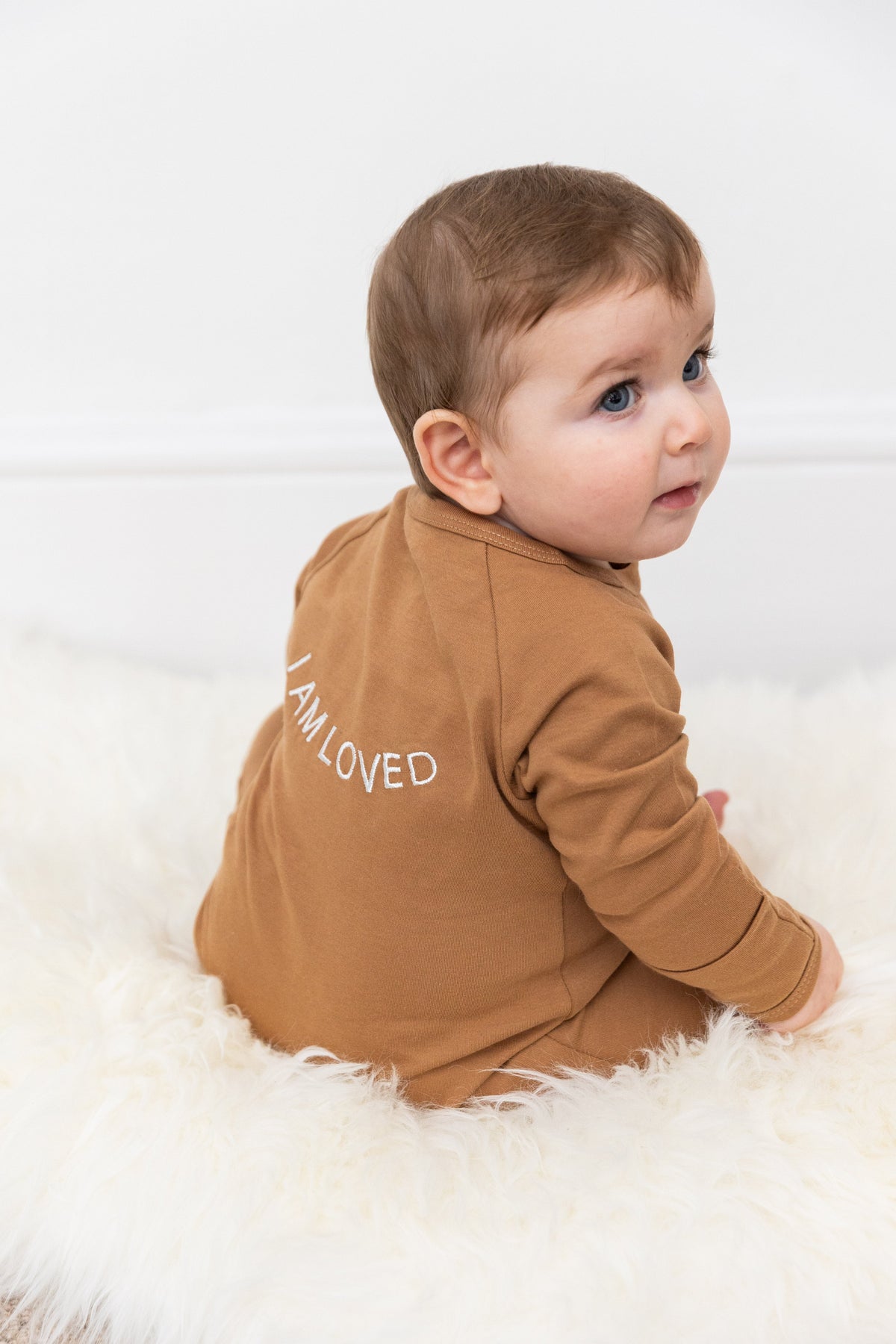 100% Organic Cotton Baby onesie with I AM LOVED Affirmation Embroidery