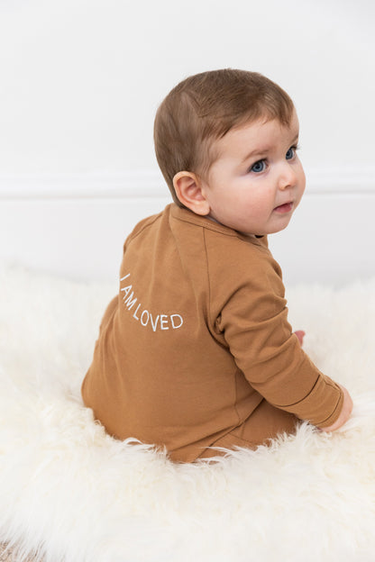 100% Organic Cotton Baby onesie with I AM LOVED Affirmation Embroidery