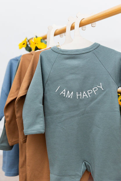 100% Organic Cotton Baby onesie with I AM HAPPY Affirmation Embroidery