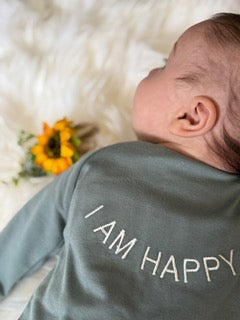100% Organic Cotton Baby onesie with I AM HAPPY Affirmation Embroidery