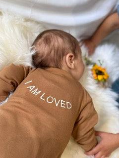 100% Organic Cotton Baby onesie with I AM LOVED Affirmation Embroidery