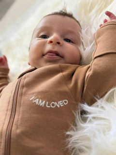 100% Organic Cotton Baby onesie with I AM LOVED Affirmation Embroidery